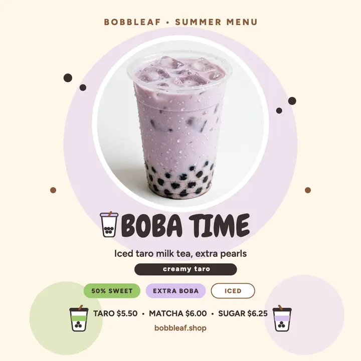 Bobbleaf taro boba summer menu template