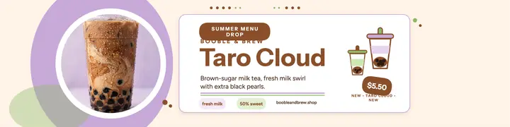 Booble and Brew taro launch banner: boba launch banner template