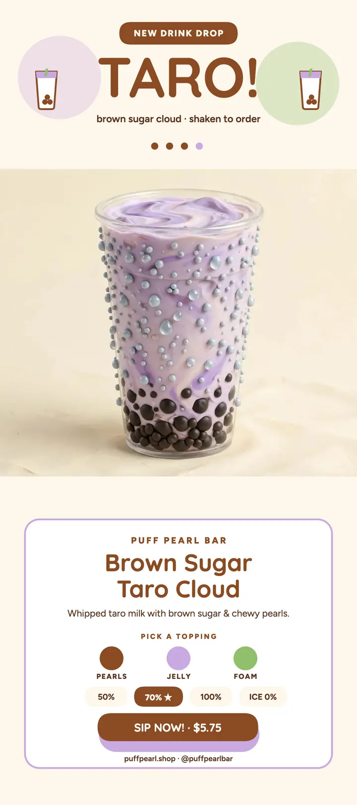 Puff Pearl Bar brown sugar taro launch: boba launch rack card template