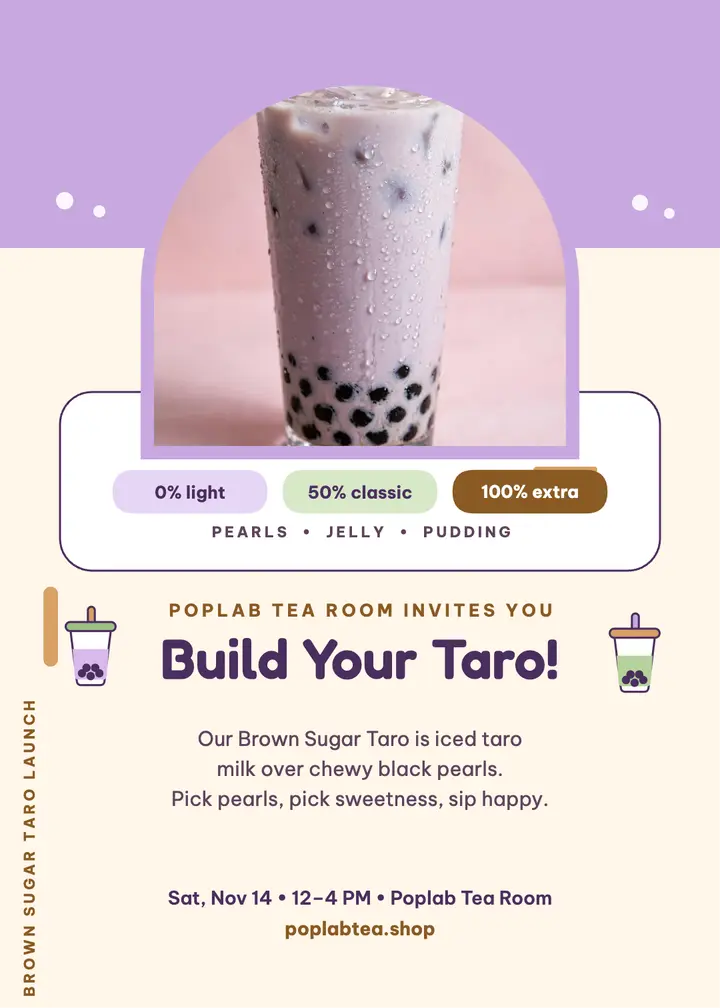 Poplab taro drink-builder launch invitation template