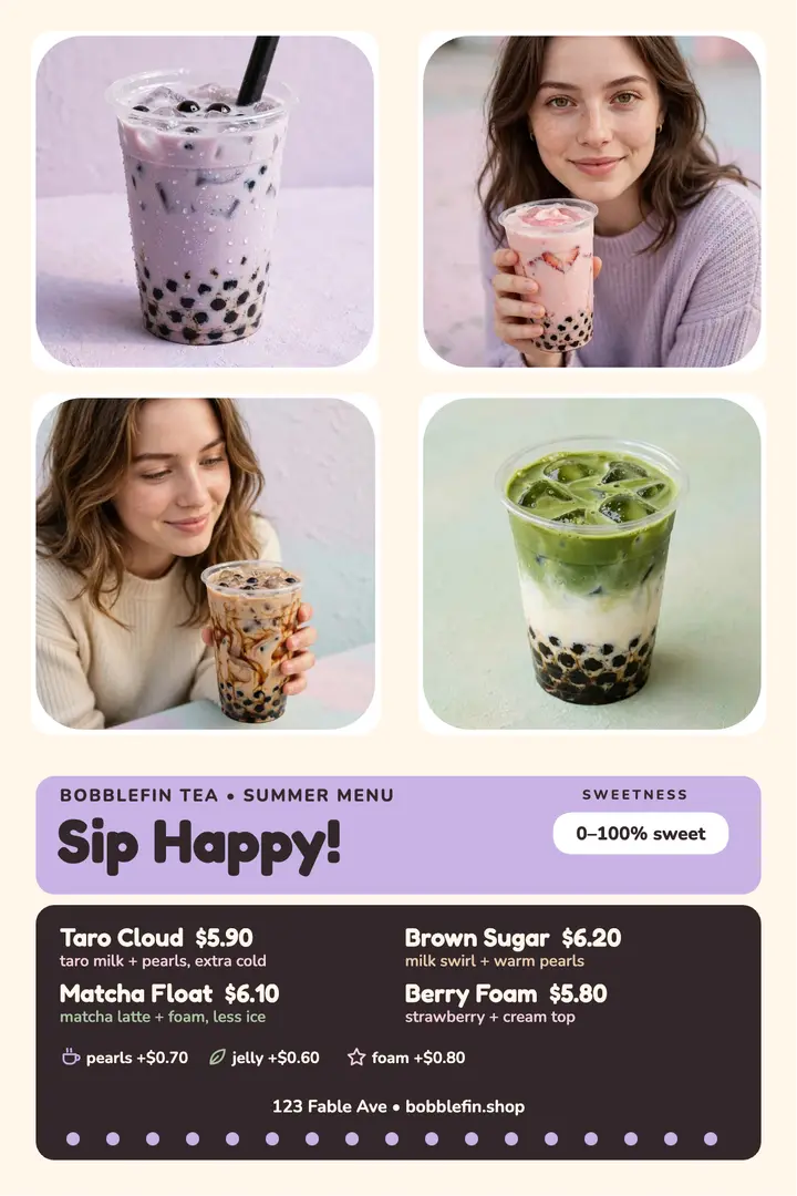 Bobblefin Tea summer sips menu poster template