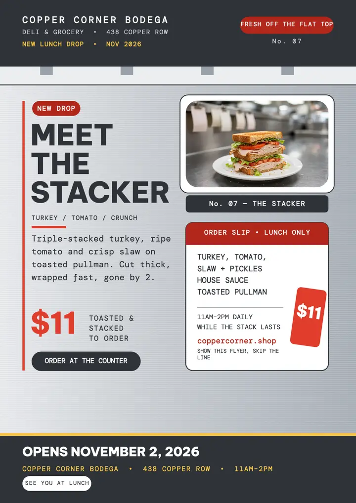 Copper Corner Stacker launch flyer template