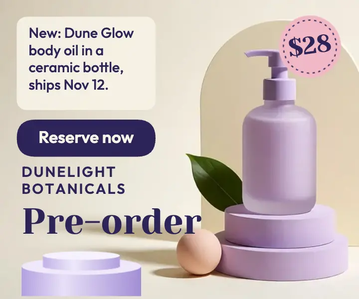 Dune Glow body oil pre-order ad, pastel podium template