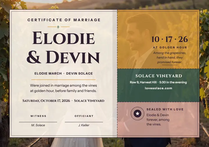 Vineyard wedding certificate, bojagi panes template