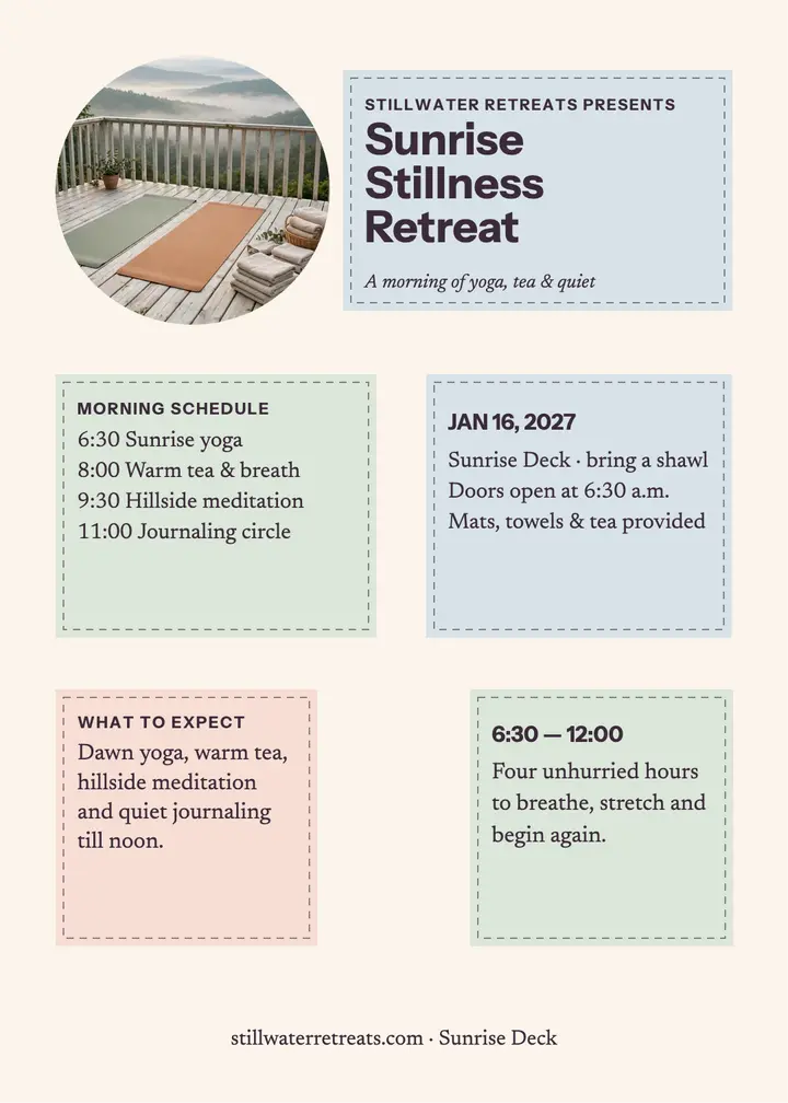 Stillwater sunrise retreat bojagi invite template