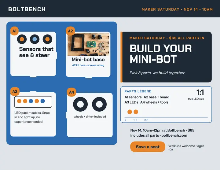 Boltbench build-a-bot workshop flyer template