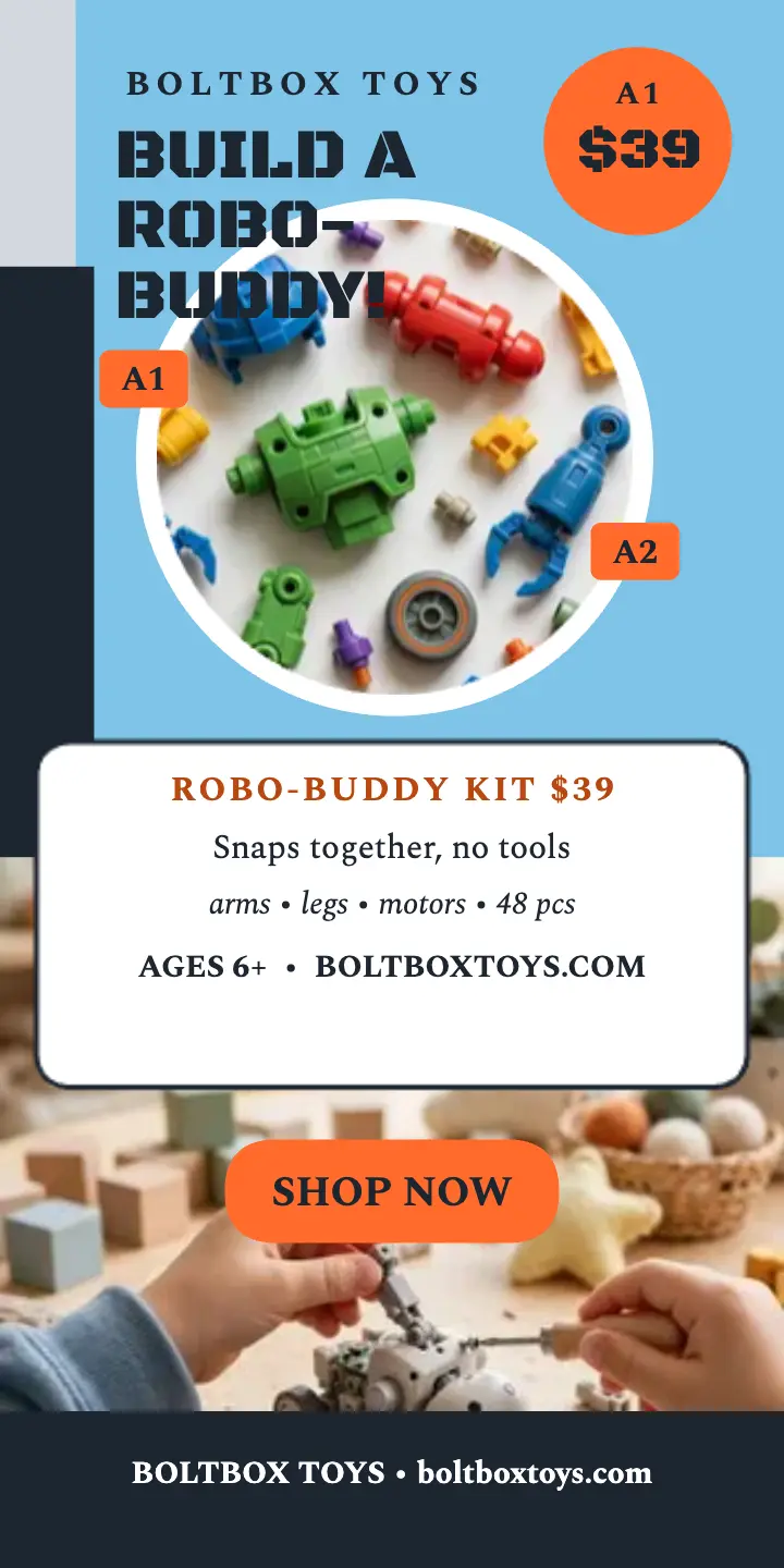 Boltbox Robo-Buddy kit half-page ad: robot toy kit ad template