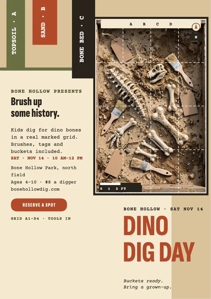 Bone Hollow dino dig day flyer template