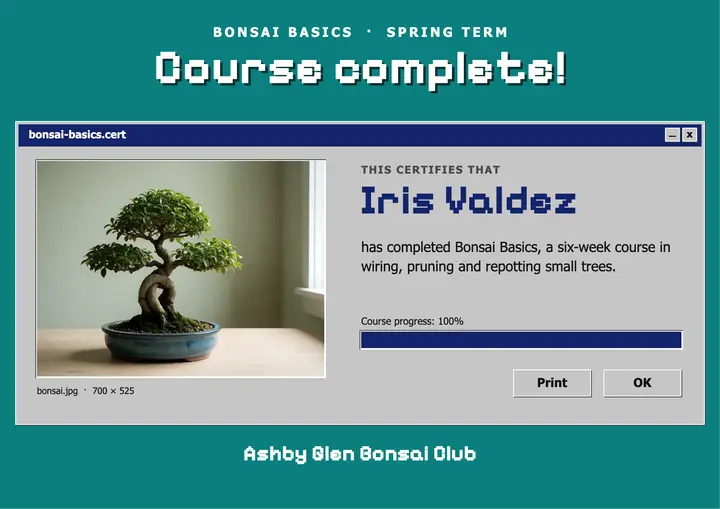 Ashby Glen Bonsai Club course certificate, retro OS desktop template