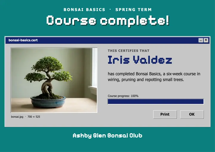 Ashby Glen Bonsai Club course certificate, retro OS desktop template