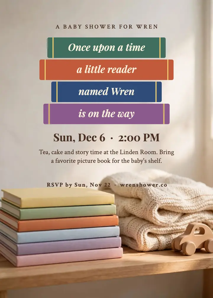 Wren book-themed baby shower invitation template