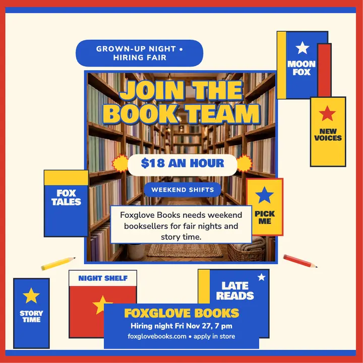 Foxglove Books hiring night fair post: bookstore hiring post template