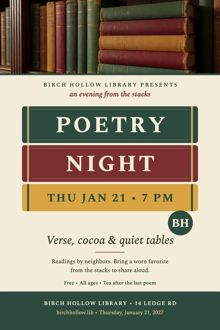 Birch Hollow poetry night book spine poster template
