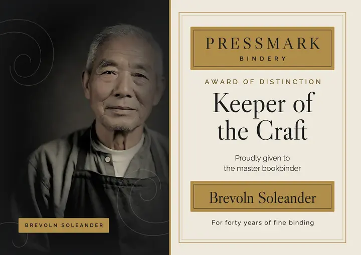 Bookbinder heritage award certificate, tintype portrait template