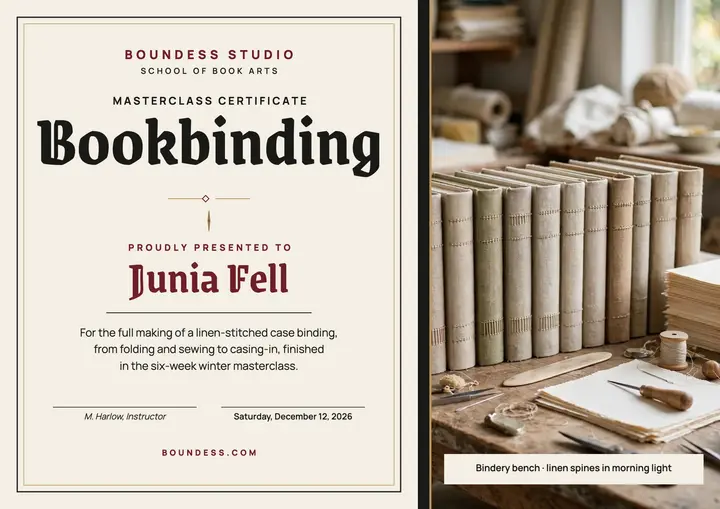 Boundess bookbinding masterclass certificate template