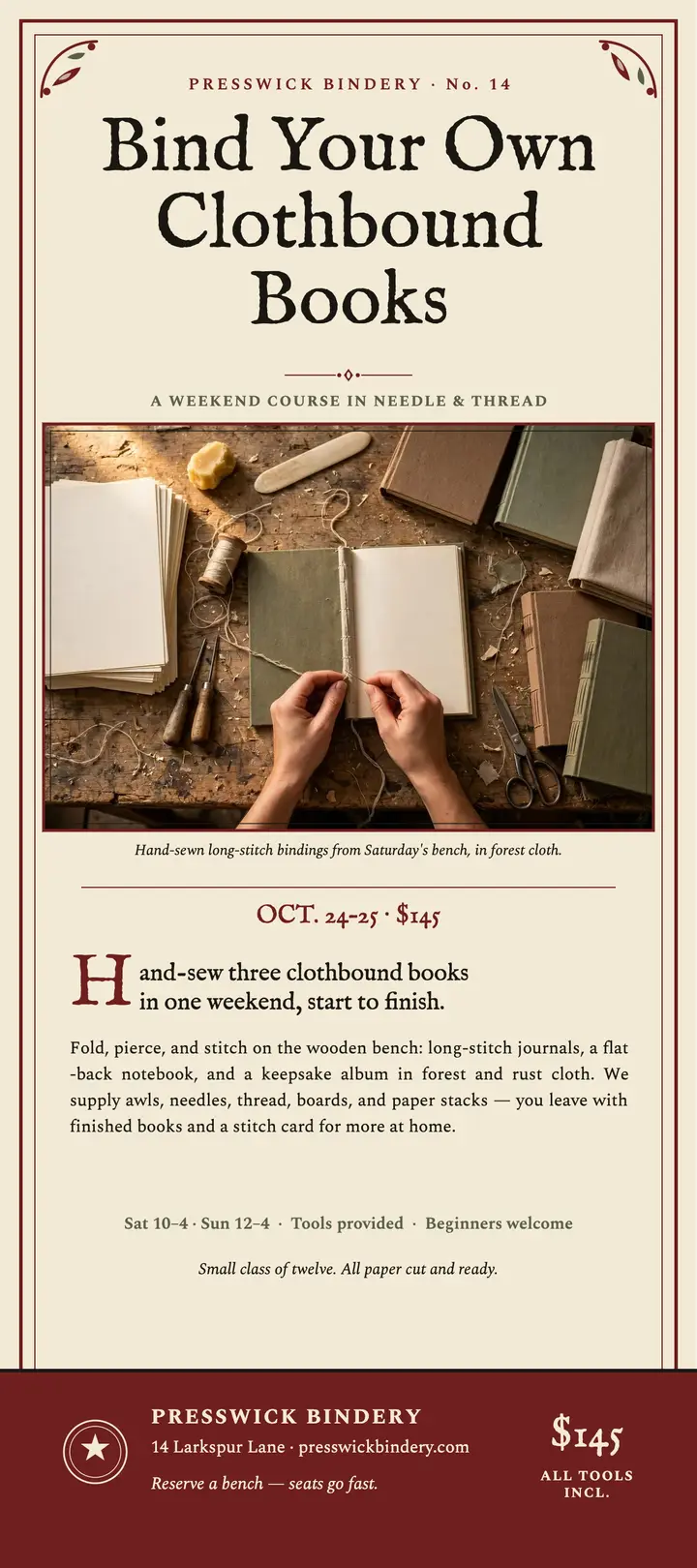 Presswick Bindery bookbinding weekend rack card template