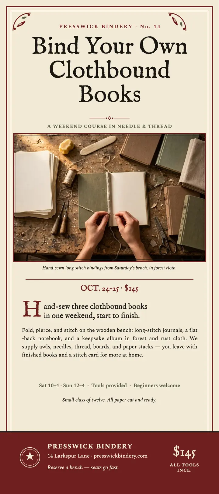 Presswick Bindery bookbinding weekend rack card: bookbinding course rack card template