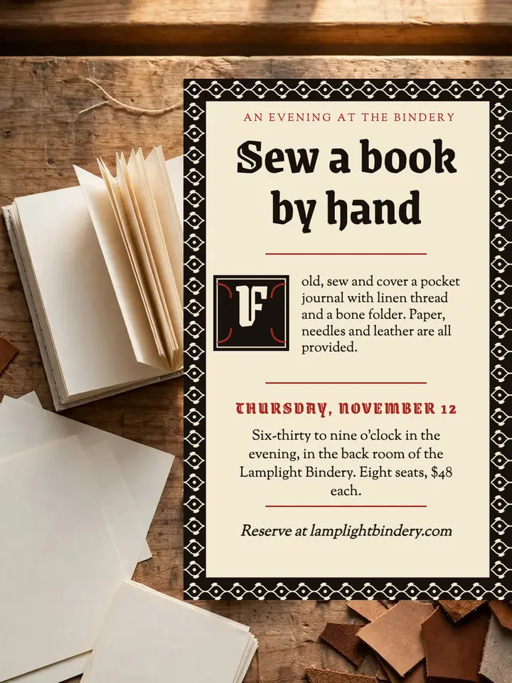 Hand-sewn journal evening, private-press page: bookbinding workshop post template