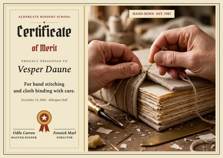 Aldergate Bindery merit certificate template