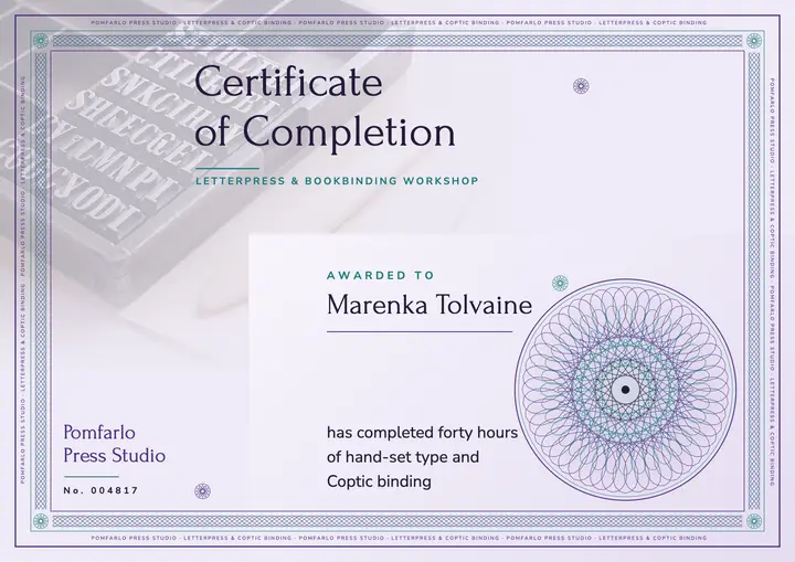 Letterpress and bookbinding workshop certificate: workshop certificate template