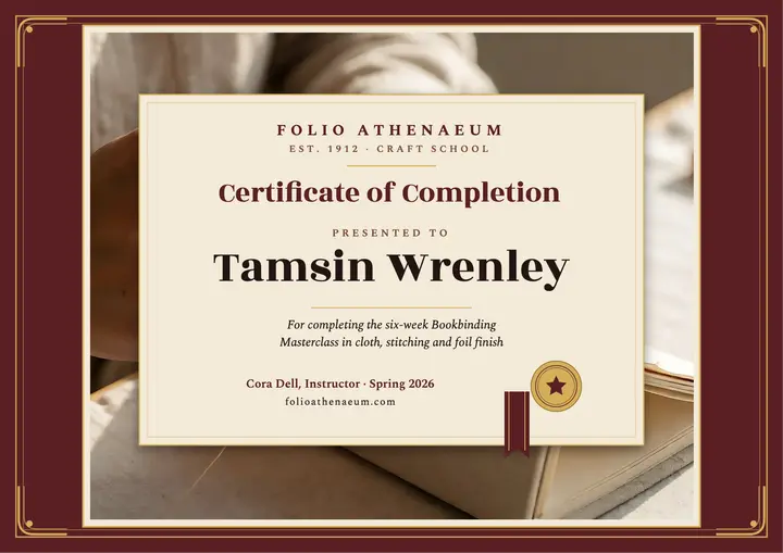 Bookcloth binding masterclass certificate: bookbinding certificate template