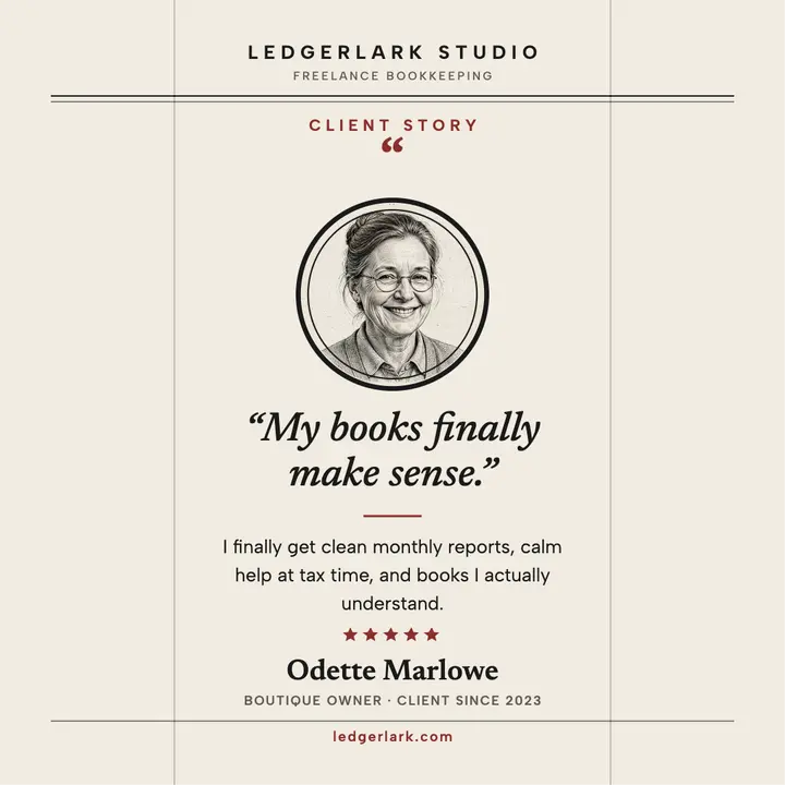 Ledgerlark client story, Odette Marlowe template