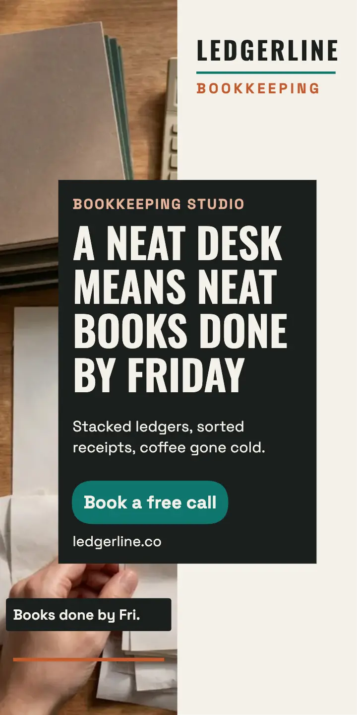 Ledgerline Studio neat desk half page ad: bookkeeping ad template