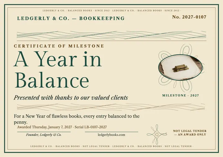 Ledgerly milestone certificate, new year template