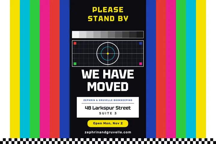 Zephrin & Gruvelle bookkeeping moving postcard, test card: business moving postcard template
