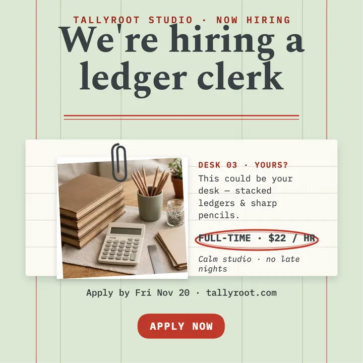 Tallyroot Studio hiring ledger clerk post template