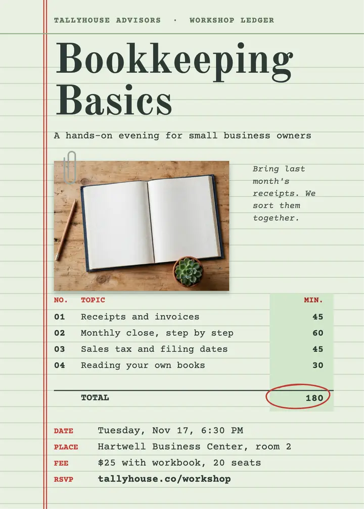 Tallyhouse bookkeeping basics workshop invitation template