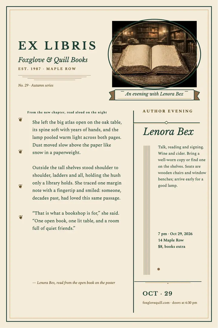 Foxglove author evening bookplate poster template