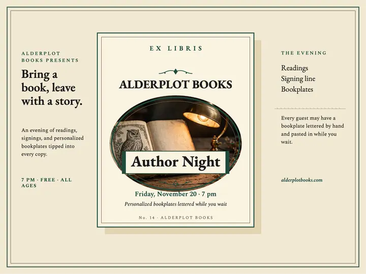 Alderplot author night bookplate slide template