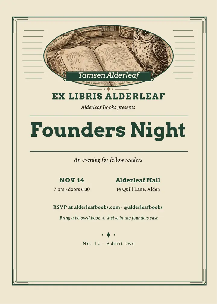 Alderleaf bookplate founders night invitation template