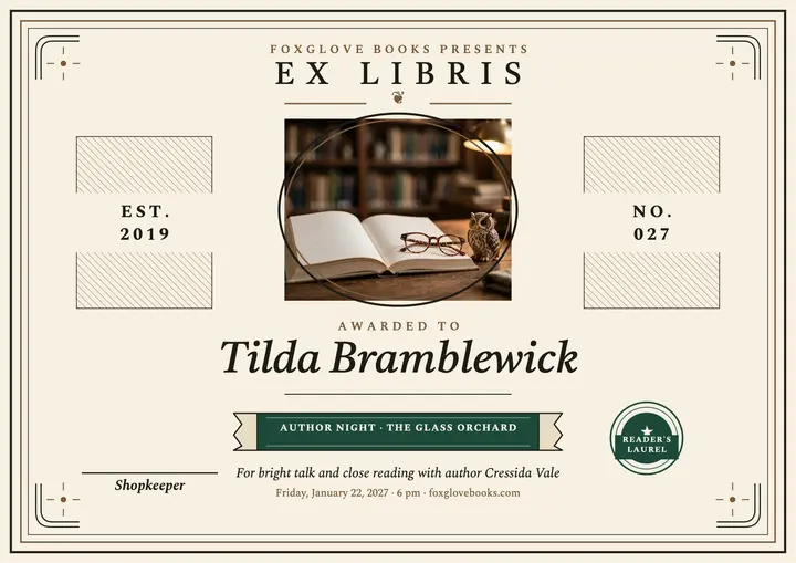 Foxglove Author Night ex libris certificate template