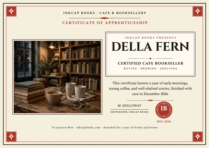 Della Fern cafe bookseller certificate template