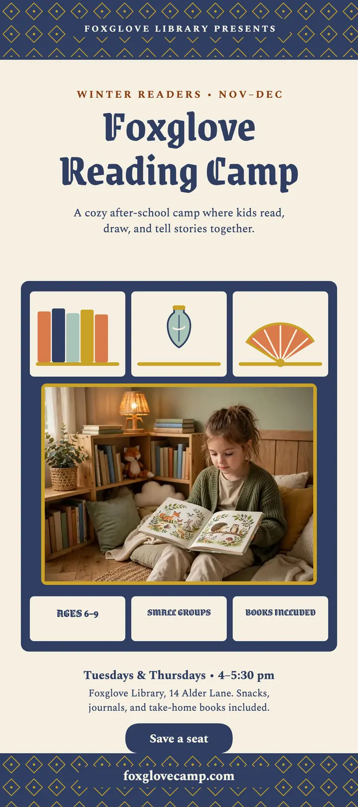 Foxglove Reading Camp bookshelf rack card template