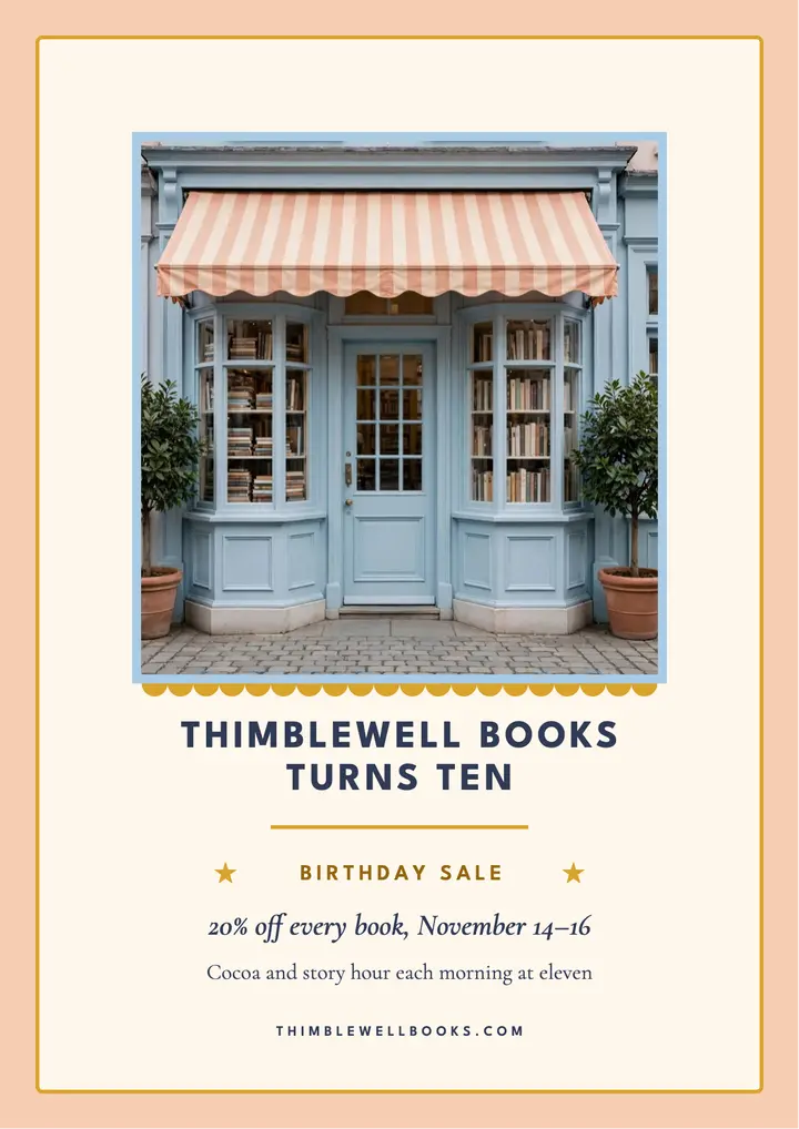 Thimblewell Books tenth birthday sale flyer template
