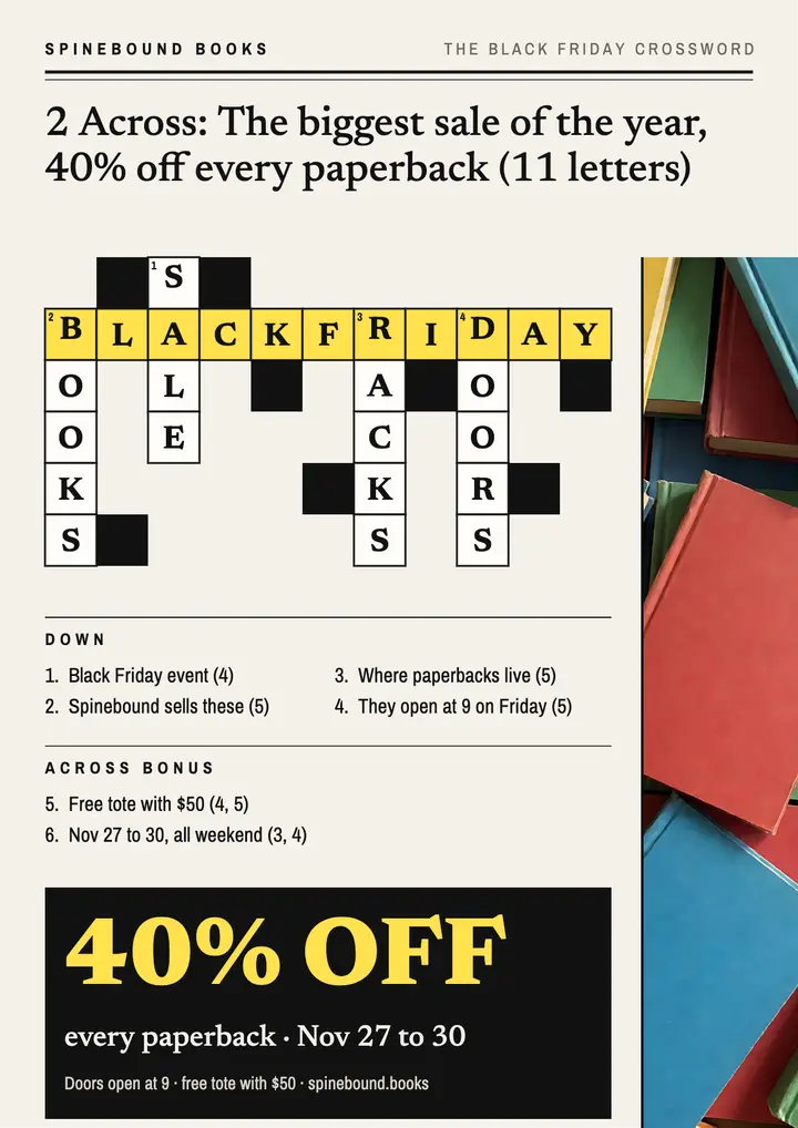Spinebound books Black Friday crossword flyer template