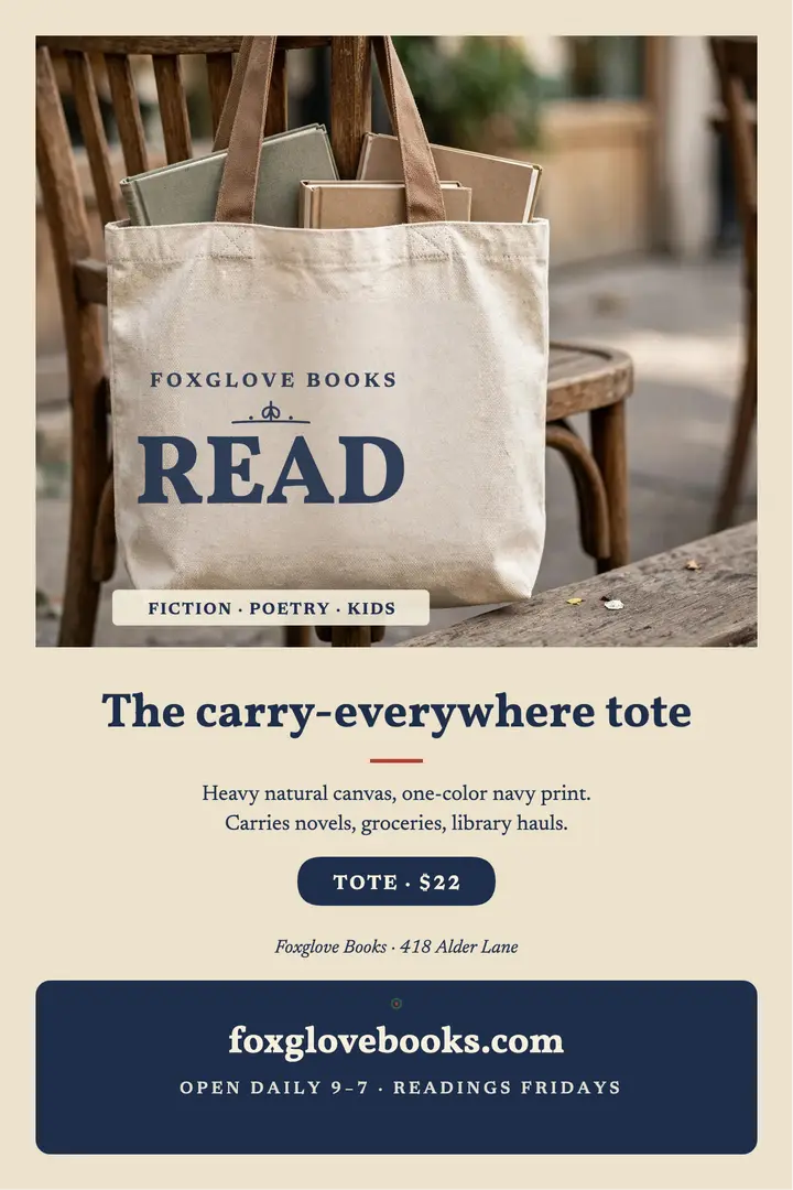 Foxglove Books canvas tote poster template