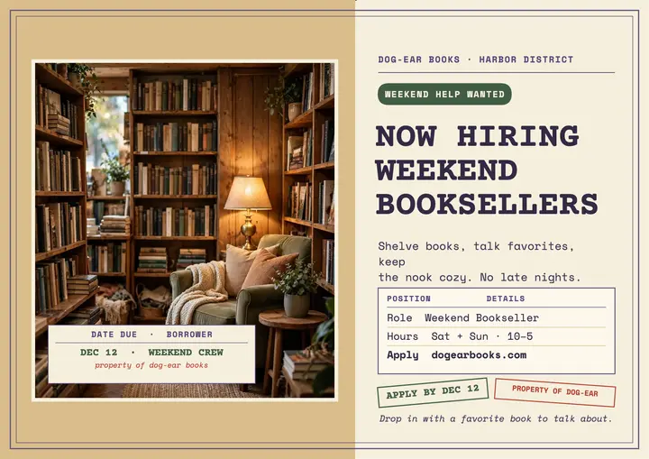 Dog-Ear Books weekend hiring card template