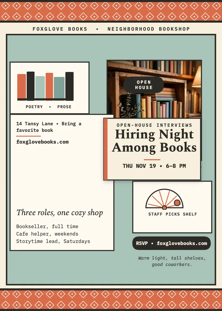 Foxglove Books hiring night invitation template