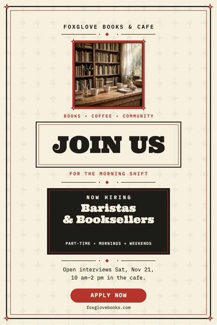 Foxglove Books hiring poster template