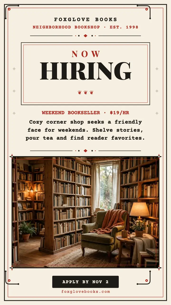 Foxglove Books hiring story: bookshop hiring story template
