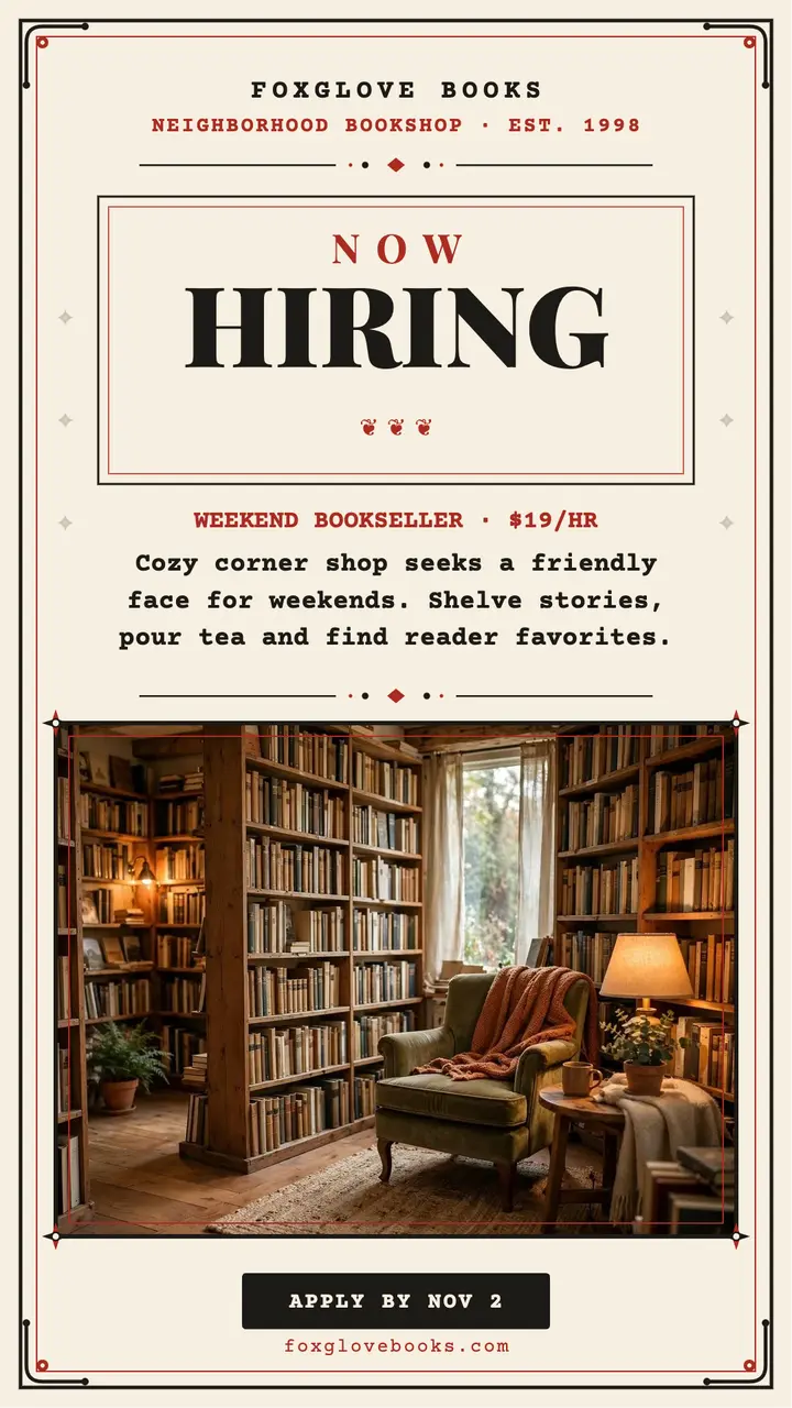 Foxglove Books hiring story template