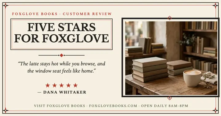 Foxglove Books five-star review post: bookshop review post template