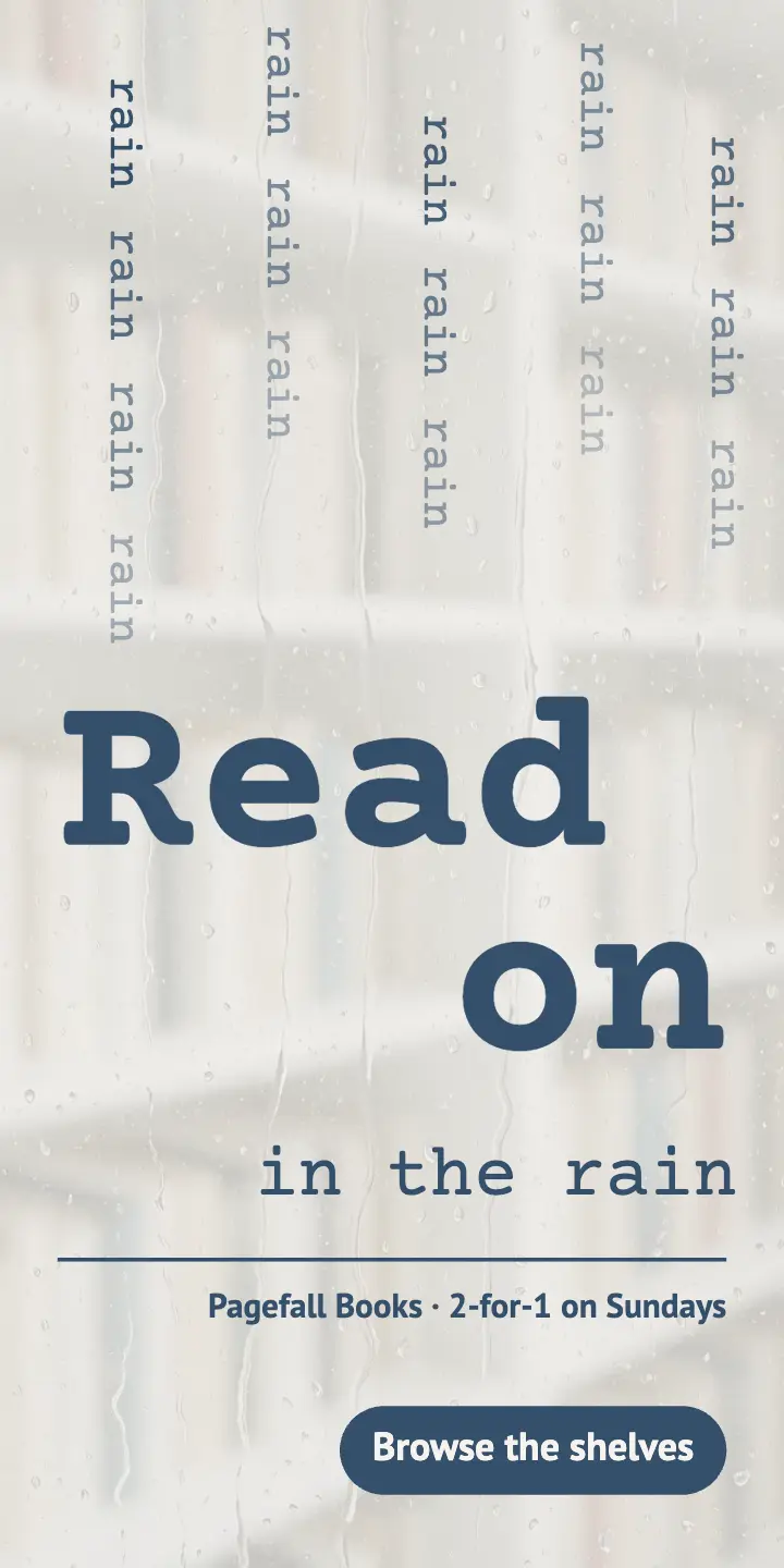 Pagefall Books rainy-day reading half-page ad template