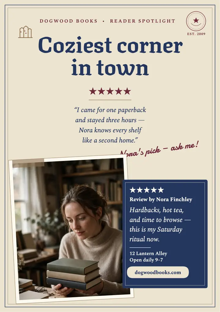 Dogwood Books reader spotlight flyer: bookshop review flyer template