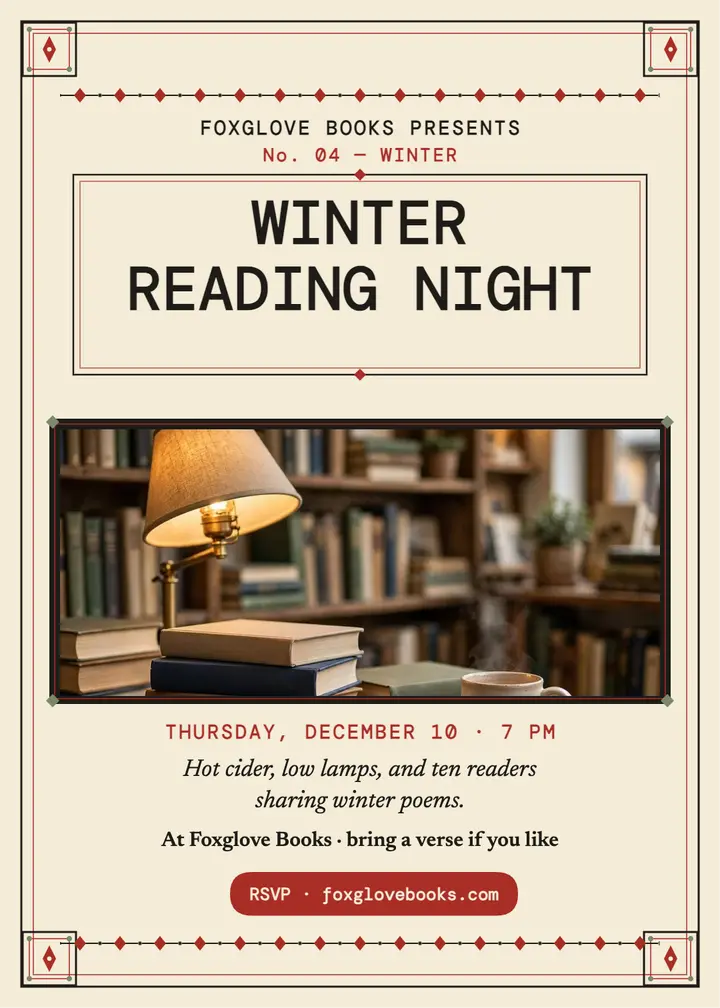 Foxglove Books winter reading night: reading night invitation template