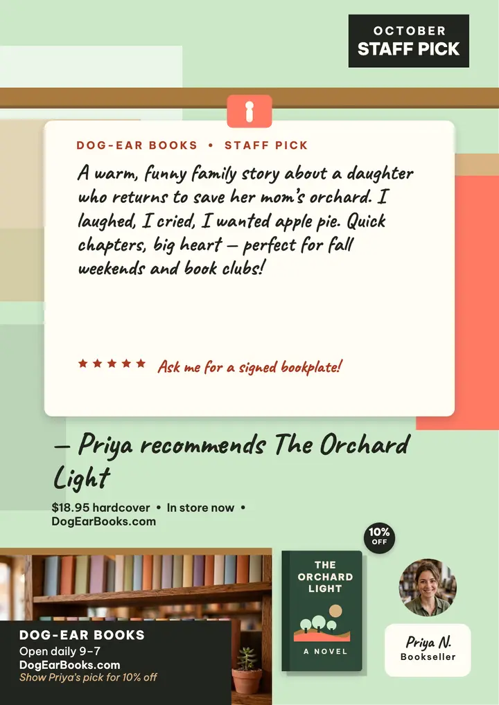 Dog-Ear Books staff pick review flyer template
